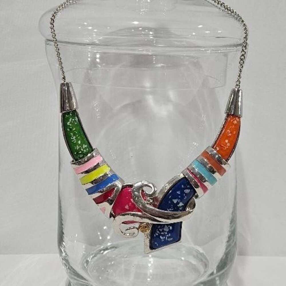 ARTISTICALLY CRAFTED BLUE ORANGE PINK GREEN ACRYLIC SILVER CHOKER NECKLACE BOLD - Picture 1 of 5